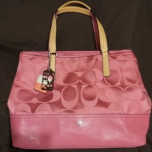 Coach pink signature fabric and leather tote